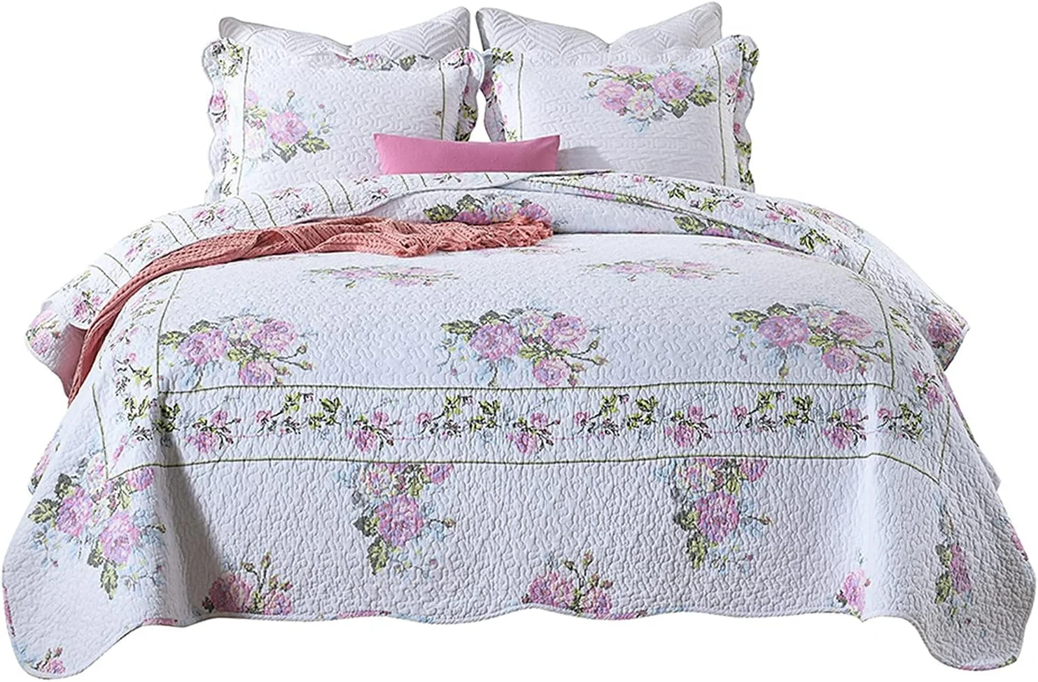 روتختی لحافی سفید طرح دار + 2 روبالشتی پنبه ای دو رو طرح گلدار زیبا و قدیمی، مناسب دکور اتاق خواب، سایز کینگ، ست 3 تکه