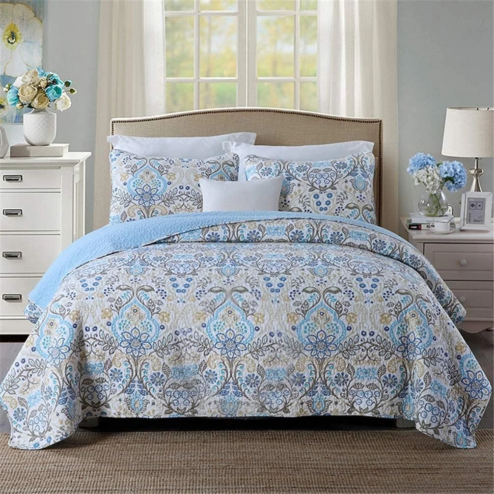 ست روتختی سه تکه طرح گلدار، سایز دو نفره بزرگ، لحاف پنبه‌ای تکه‌دوزی شده، 230 در 250 سانتی‌متر