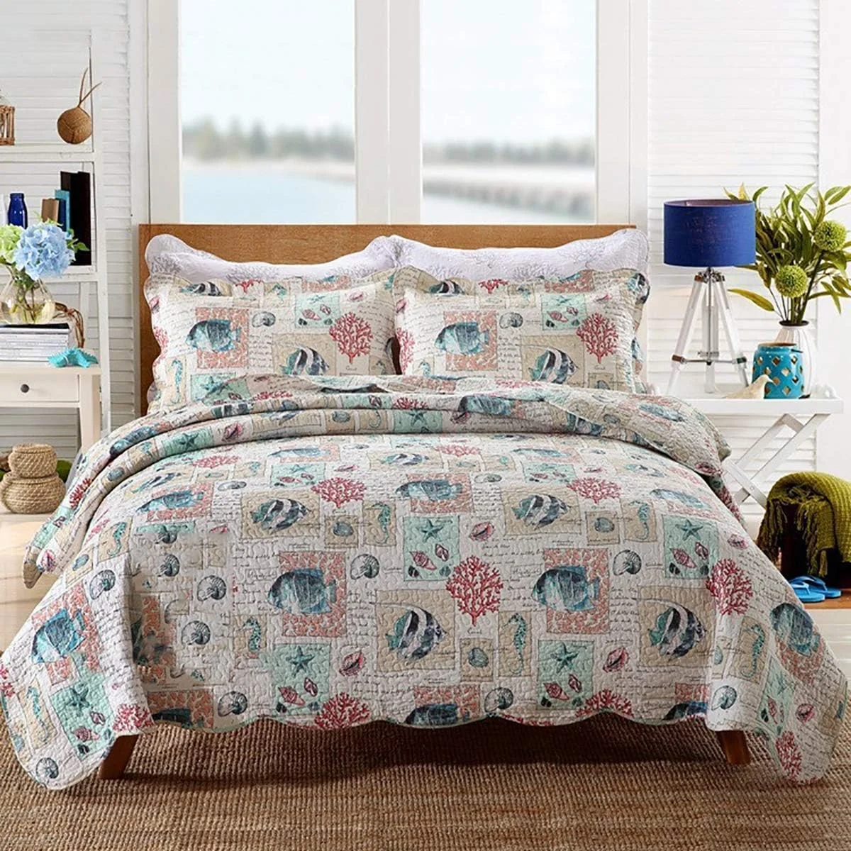 روتختی دو نفره سه تکه پنبه‌ای طرح‌دار، سبک دریایی، روتختی قابل شستشو و راحت برای تابستان، B، 230 در 250 سانتی‌متر، B-230 * 250cm