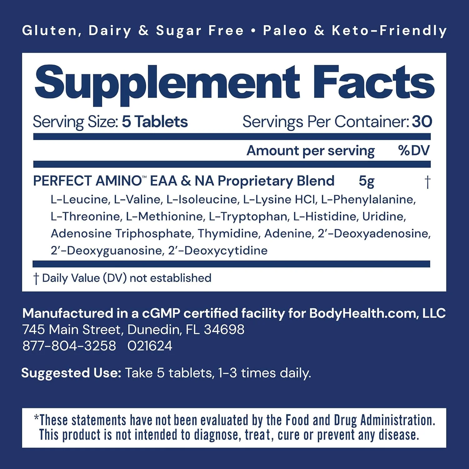 قرصهای پرفکت آمینو BodyHealth (تک بستهای)، شامل 8 آمینو اسید ضروری به همراه BCAA، لیزین، فنیل آلانین، ترئونین، متیونین و تریپتوفان، مکمل برای تولید توده عضلانی، ریکاوری و قدرت قرصهای پرفکت آمینو BodyHealth (تک بستهای)، شامل 8 آمینو اسید ضروری به همراه BCAA، لیزین، فنیل آلانین، ترئونین، متیونین و تریپتوفان، مکمل برای تولید توده عضلانی، ریکاوری و قدرت