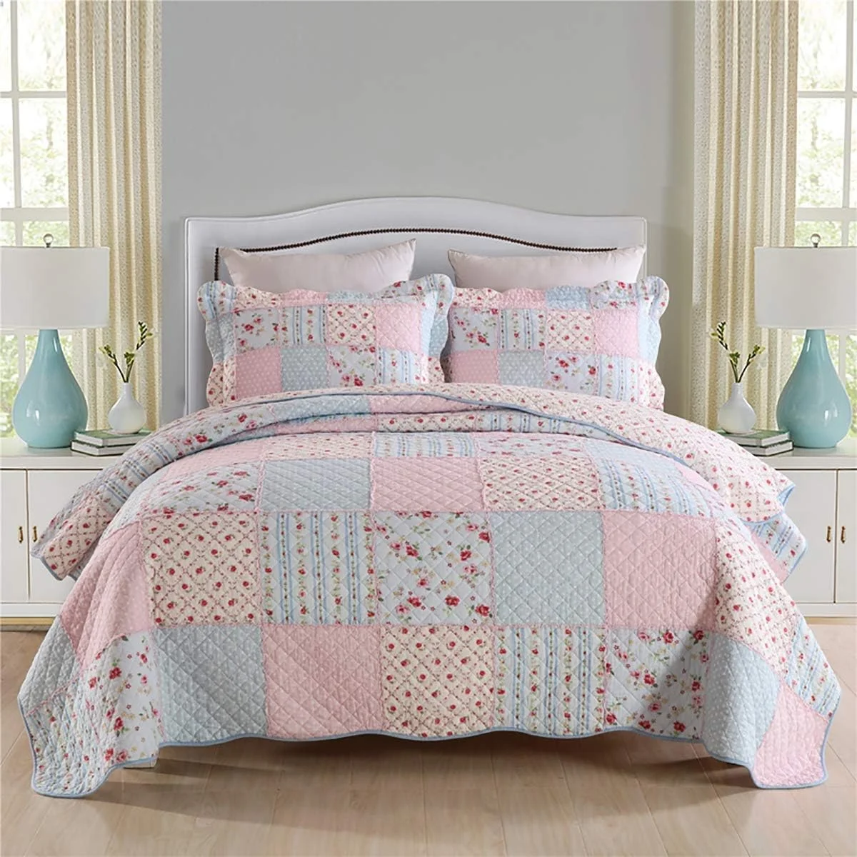 روتختی طرح تکه دوزی شده دو رو، نرم و راحت، با نگهداری آسان مناسب تمام فصول، رو تختی چند منظوره به همراه 2 روبالشی، 230 در 250 سانتی متر