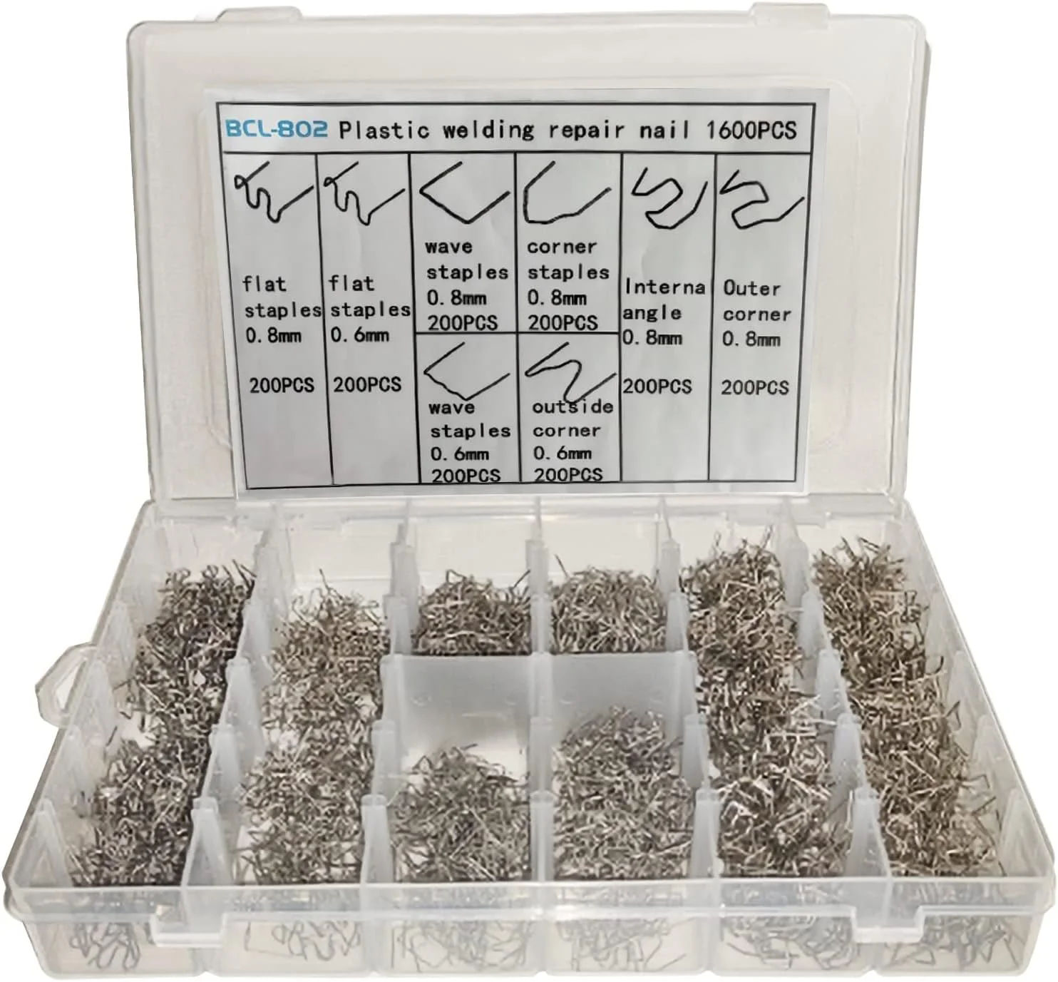 سوزن منگنه تعمیر پلاستیک سانین، 1600 عدد سوزن داغ تعمیر پلاستیک خودرو به همراه جعبه نگهداری برای کیت تعمیر جوش پلاستیک سپر خودرو