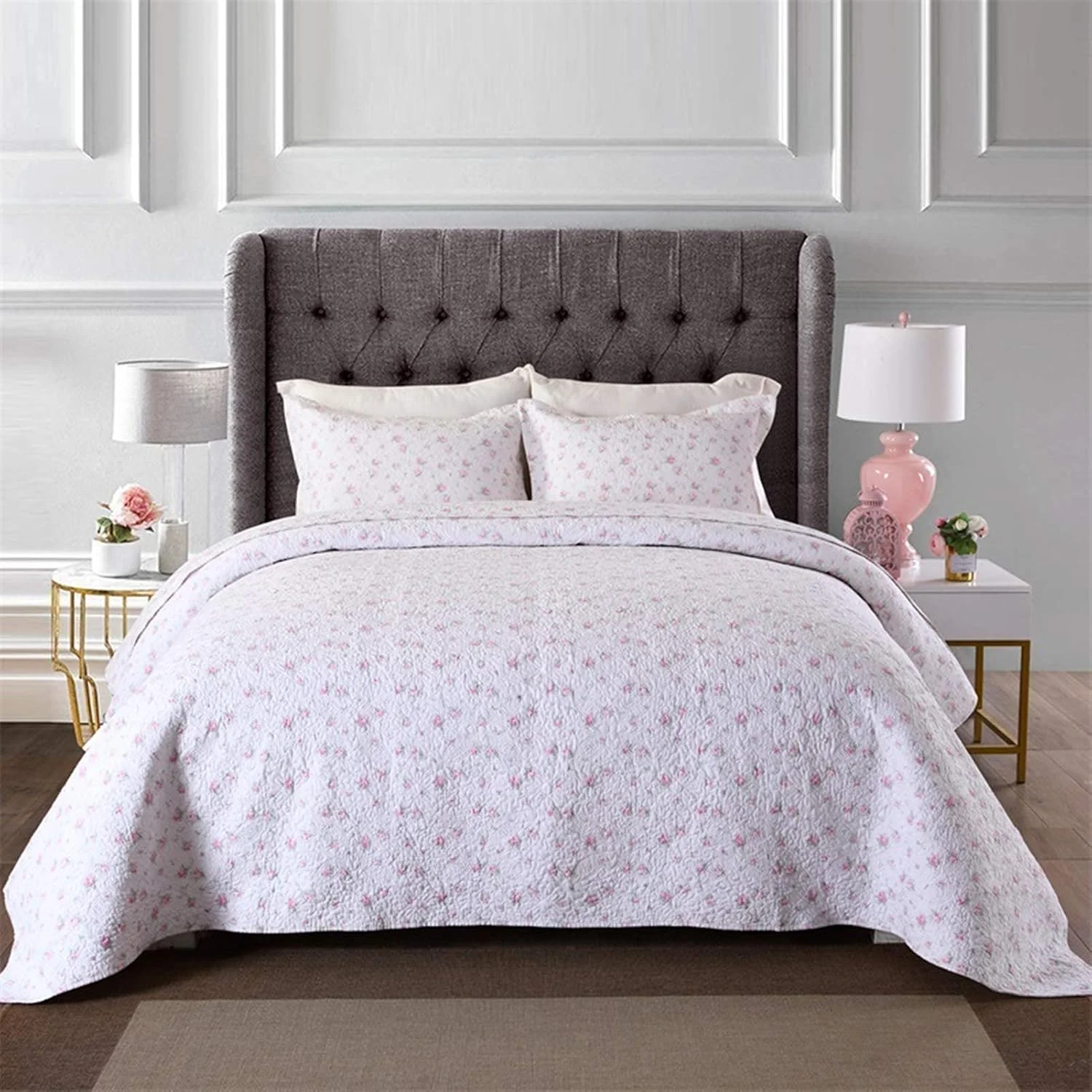 ست روتختی طرح گل صورتی شیک، روتختی سفید ظریف، لحاف پنبه ای، ست ملحفه تکه دوزی - 4 تکه