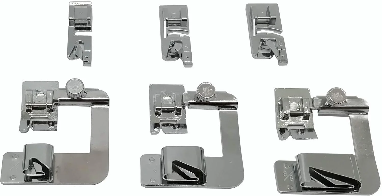 مجموعه 6 عددی پایه لب تو (Hemmer Foot) شامل 3 عدد پایه لب تو غلتکی و 3 عدد پایه باریک لب تو غلتکی برای استفاده در چرخ خیاطی های Brother Singer Janome با پایه کوتاه