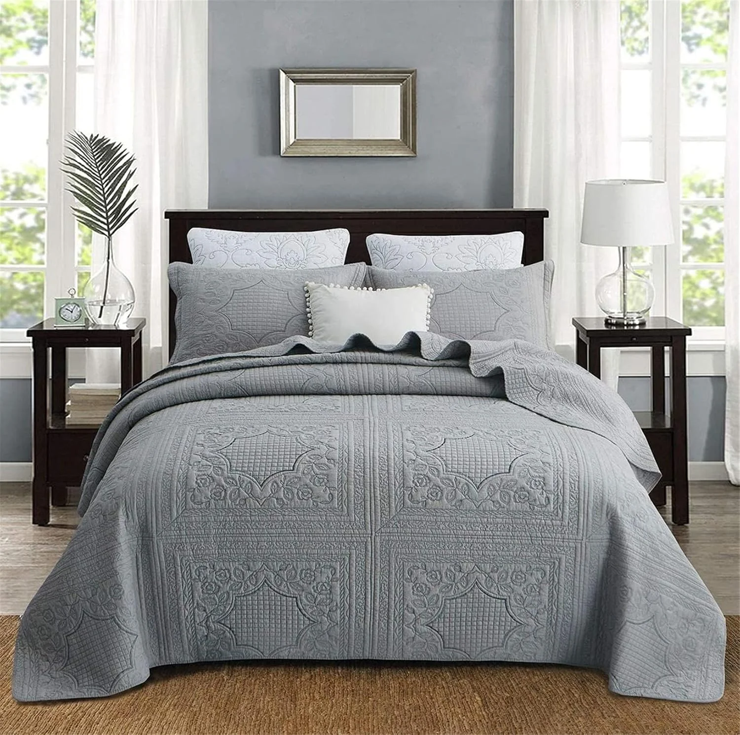 روتختی ژاکارد دو نفره طرح 2021، ست لحاف طرح دار پنبه ای با تکه دوزی گل، رو تختی لحاف دوزی شده به همراه 2 روبالشتی، مناسب دکور اتاق خواب برای تمام فصول، بژ، 245 * 265 سانتی متر