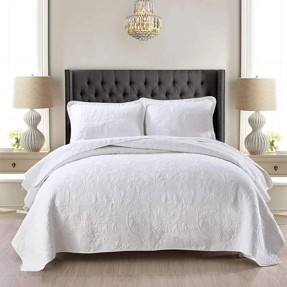 ست روتختی سه تکه پنبه ای رنگ ثابت با گلدوزی، رو تختی 230cm250cm، لحاف و روبالشی سایز کینگ، سفید-230cm250cm (بژ کینگ 230cm*250cm)