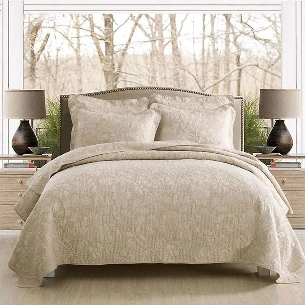 ست 3 تکه روتختی پنبه ای رنگ ثابت با گلدوزی، رو تختی 230cm250cm، لحاف و روبالشتی سایز کینگ، سفید-230cm250cm (بژ کینگ 230cm*250cm)