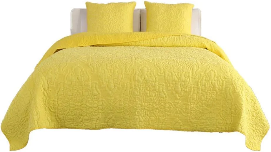 ست روتختی سه تکه با طرح گلدوزی، لحاف نرم و دو رو، قابل شستشو، زرد، سایز بزرگ، لحاف چهل تکه، به همراه 2 روبالشتی، 90X98 اینچ