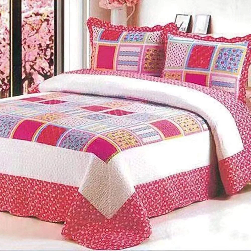 ست ۳ تکه روتختی پنبه ای طرح تکه دوزی اروپایی لحاف دار، لحاف ضخیم و روبالشتی سایز کینگ، H-230CM250CM, G-king 230cm*250cm
