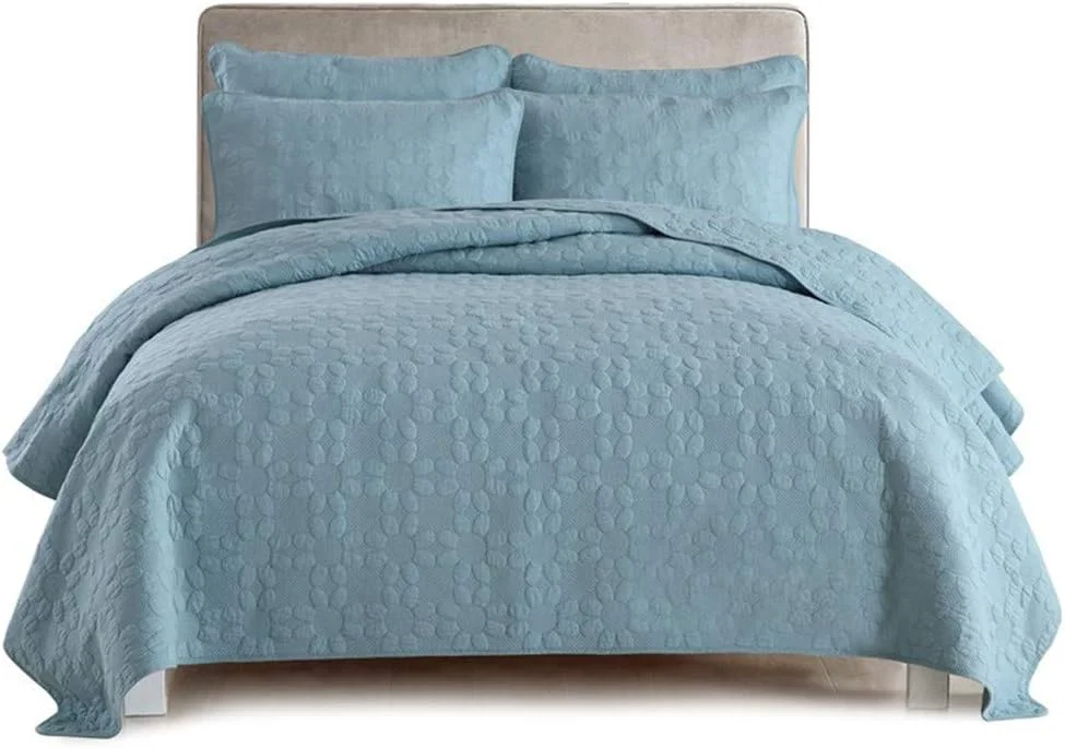 ست روتختی سه تکه پنبه شسته شده با طرح گلدوزی، لحاف و رو تختی به همراه روبالشتی، روکش تخت سبک وزن مناسب تمام فصول، سایز 230×250 سانتی متر، آبی