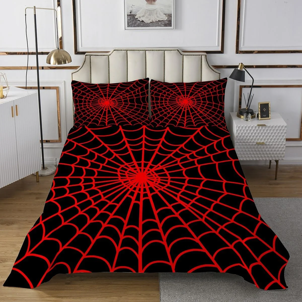 روتختی طرح تار عنکبوت سایز کینگ، ست روتختی هندسی انتزاعی هالووین مبارک، دکور اتاق پسرانه دخترانه زنانه مردانه، روتختی لحافی تعطیلات هالووین مبارک، لحاف روتختی قرمز مشکی، 2 روبالشتی