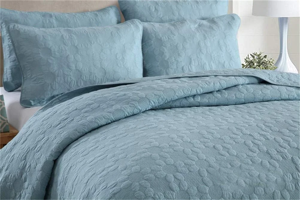 ست روتختی سه تکه پنبه شسته شده با طرح گلدوزی، لحاف و رو تختی به همراه روبالشتی، روکش تخت سبک وزن مناسب تمام فصول، سایز 230×250 سانتی متر، آبی