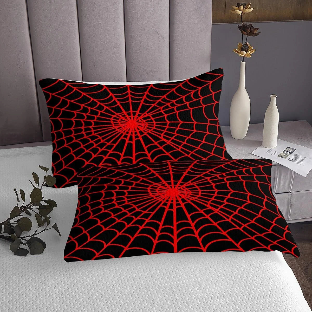 روتختی طرح تار عنکبوت سایز کینگ، ست روتختی هندسی انتزاعی هالووین مبارک، دکور اتاق پسرانه دخترانه زنانه مردانه، روتختی لحافی تعطیلات هالووین مبارک، لحاف روتختی قرمز مشکی، 2 روبالشتی