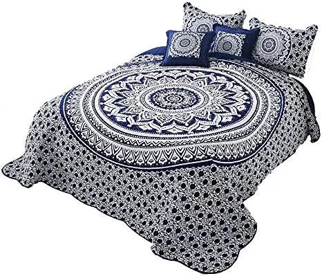 روتختی لحافی آبی سفید دست‌دوز تکه‌دوزی پنبه‌ای سه تکه مدل AB روکش تخت روبالشتی سایز کینگ کوئین هدیه