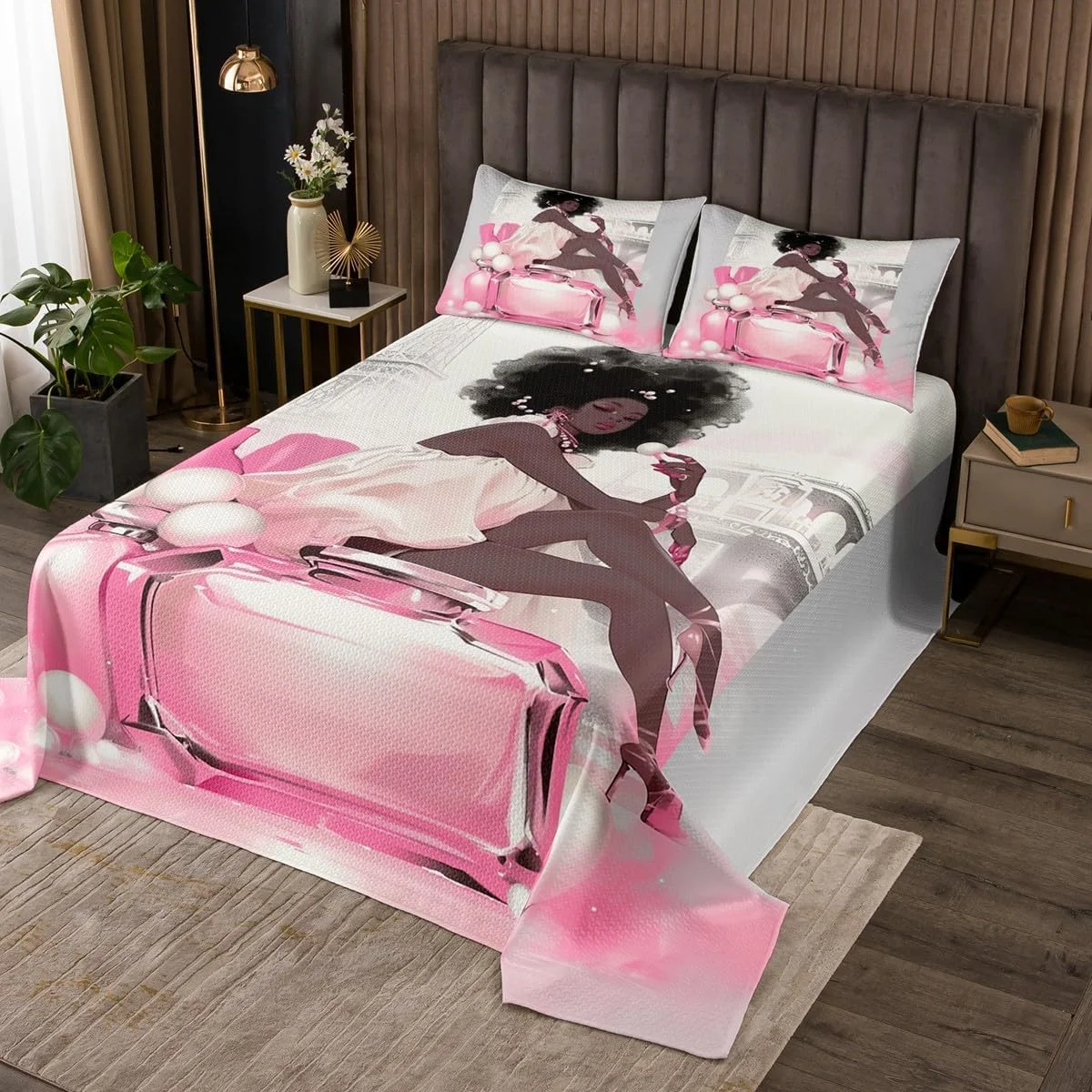 روتختی مشکی زنانه سایز یک نفره، ست روتختی طرح برج ایفل پاریس، عطر و کفش پاشنه بلند، دکور اتاق دخترانه و زنانه، روتختی لحافی پرنسس آفریقایی-آمریکایی، لحاف روتختی رمانتیک صورتی خاکستری، 1 روبالشتی