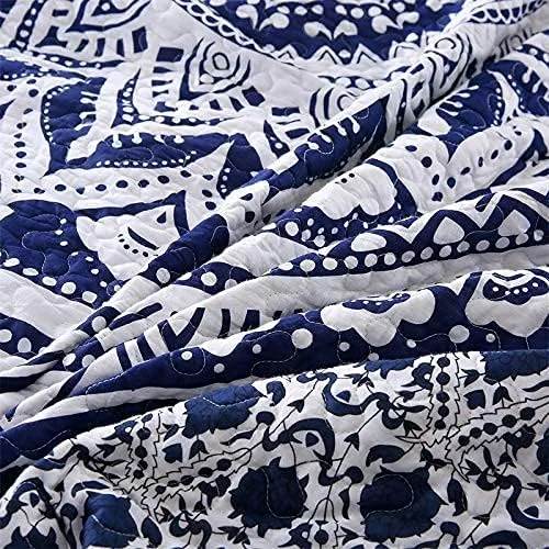 روتختی لحافی آبی سفید دست‌دوز تکه‌دوزی پنبه‌ای سه تکه مدل AB روکش تخت روبالشتی سایز کینگ کوئین هدیه