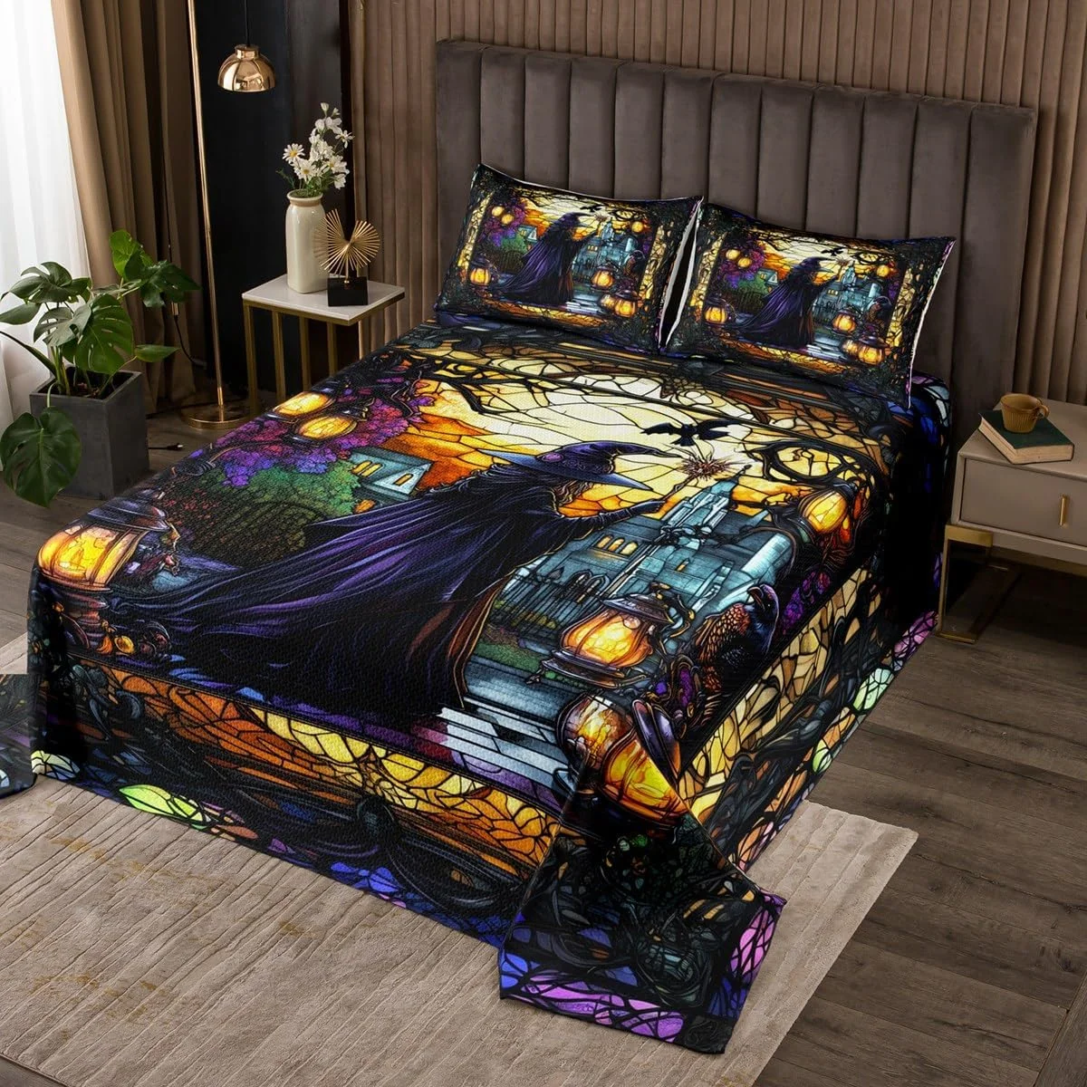 روتختی بچه گانه طرح پری جادوگر سایز کوئین، ست روتختی طرح قلعه جادویی گوتیک با تم هالووین، دکور اتاق دخترانه پسرانه، روتختی لحافی طرح شیشه کاری هندسی، لحاف روتختی طرح قدیمی، 2 روبالشتی