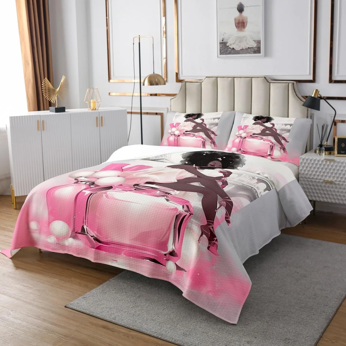 روتختی مشکی زنانه سایز یک نفره، ست روتختی طرح برج ایفل پاریس، عطر و کفش پاشنه بلند، دکور اتاق دخترانه و زنانه، روتختی لحافی پرنسس آفریقایی-آمریکایی، لحاف روتختی رمانتیک صورتی خاکستری، 1 روبالشتی