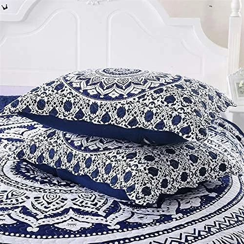 روتختی لحافی آبی سفید دست‌دوز تکه‌دوزی پنبه‌ای سه تکه مدل AB روکش تخت روبالشتی سایز کینگ کوئین هدیه