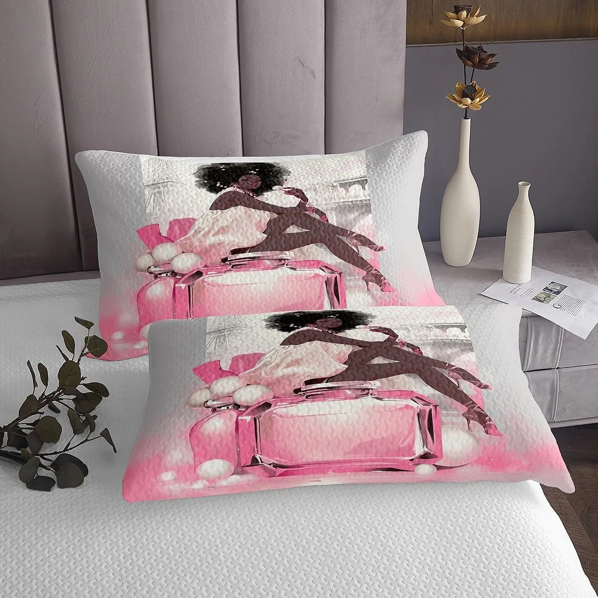 روتختی مشکی زنانه سایز یک نفره، ست روتختی طرح برج ایفل پاریس، عطر و کفش پاشنه بلند، دکور اتاق دخترانه و زنانه، روتختی لحافی پرنسس آفریقایی-آمریکایی، لحاف روتختی رمانتیک صورتی خاکستری، 1 روبالشتی