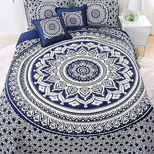 روتختی لحافی آبی سفید دست‌دوز تکه‌دوزی پنبه‌ای سه تکه مدل AB روکش تخت روبالشتی سایز کینگ کوئین هدیه