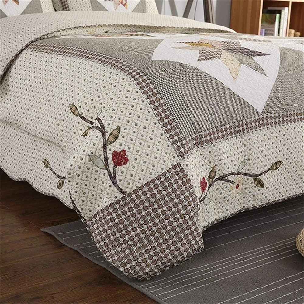 روتختی لحافی دست‌دوز تکه‌دوزی شده، روتختی چند منظوره پنبه‌ای گلدوزی شده مناسب تمام فصول با 2 روبالشتی، A-3PCS