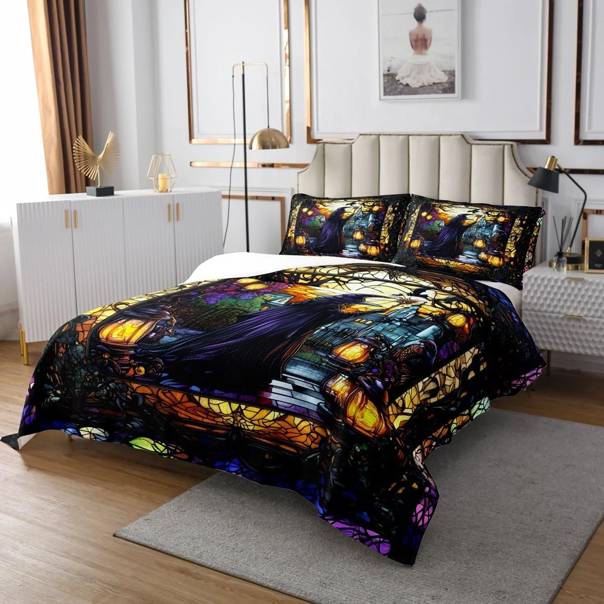 روتختی بچه گانه طرح پری جادوگر سایز کوئین، ست روتختی طرح قلعه جادویی گوتیک با تم هالووین، دکور اتاق دخترانه پسرانه، روتختی لحافی طرح شیشه کاری هندسی، لحاف روتختی طرح قدیمی، 2 روبالشتی روتختی بچه گانه طرح پری جادوگر سایز کوئین، ست روتختی طرح قلعه جادویی گوتیک با تم هالووین، دکور اتاق دخترانه پسرانه، روتختی لحافی طرح شیشه کاری هندسی، لحاف روتختی طرح قدیمی، 2 روبالشتی