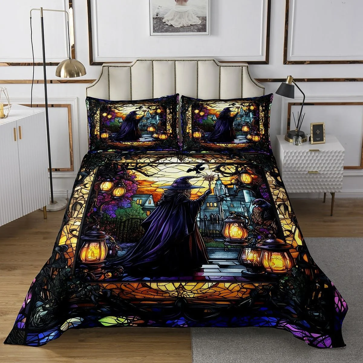 روتختی بچه گانه طرح پری جادوگر سایز کوئین، ست روتختی طرح قلعه جادویی گوتیک با تم هالووین، دکور اتاق دخترانه پسرانه، روتختی لحافی طرح شیشه کاری هندسی، لحاف روتختی طرح قدیمی، 2 روبالشتی روتختی بچه گانه طرح پری جادوگر سایز کوئین، ست روتختی طرح قلعه جادویی گوتیک با تم هالووین، دکور اتاق دخترانه پسرانه، روتختی لحافی طرح شیشه کاری هندسی، لحاف روتختی طرح قدیمی، 2 روبالشتی