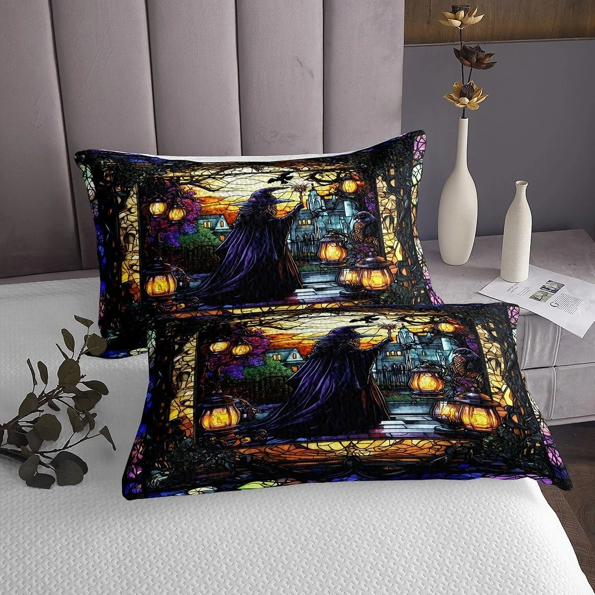 روتختی بچه گانه طرح پری جادوگر سایز کوئین، ست روتختی طرح قلعه جادویی گوتیک با تم هالووین، دکور اتاق دخترانه پسرانه، روتختی لحافی طرح شیشه کاری هندسی، لحاف روتختی طرح قدیمی، 2 روبالشتی روتختی بچه گانه طرح پری جادوگر سایز کوئین، ست روتختی طرح قلعه جادویی گوتیک با تم هالووین، دکور اتاق دخترانه پسرانه، روتختی لحافی طرح شیشه کاری هندسی، لحاف روتختی طرح قدیمی، 2 روبالشتی