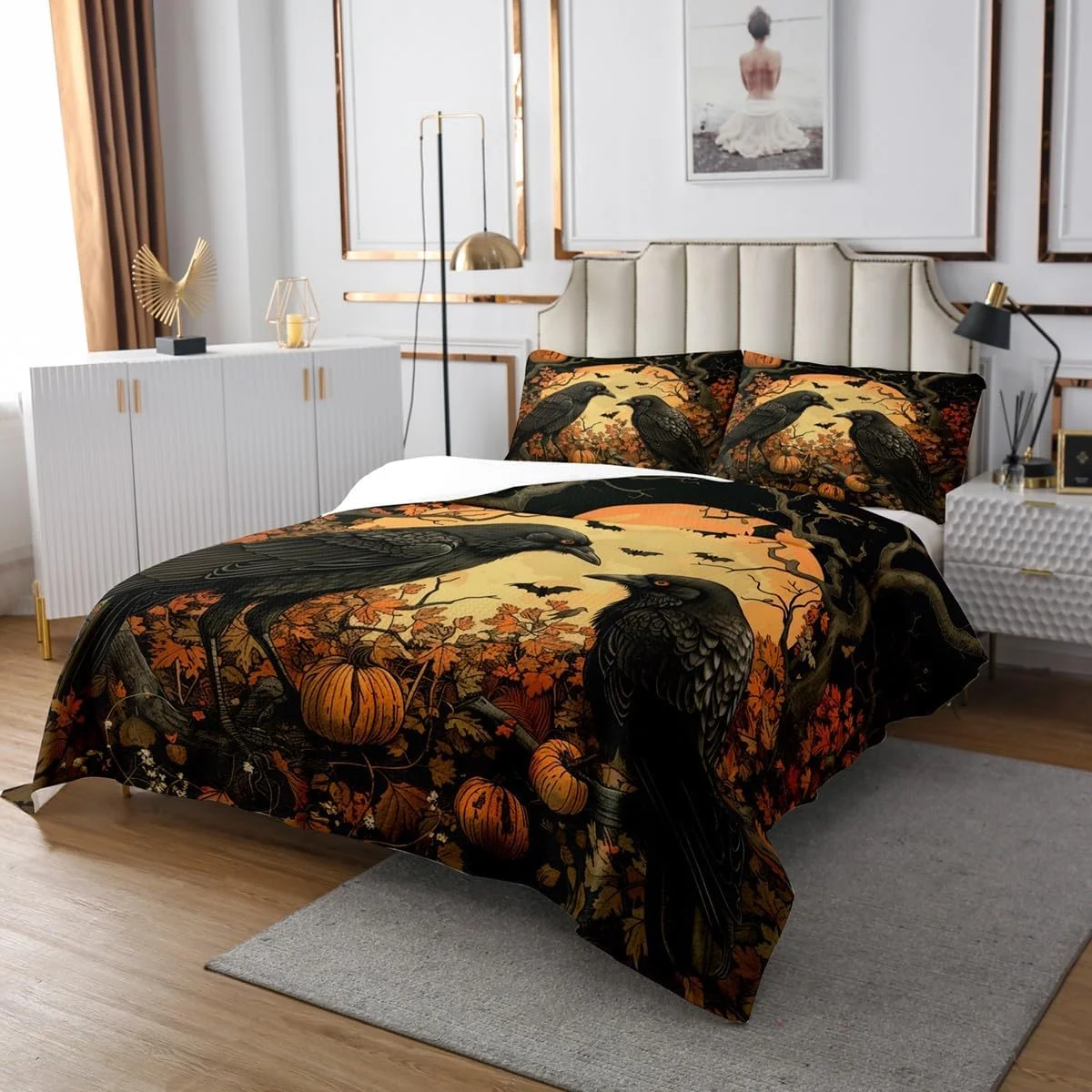روتختی مشکی طرح کلاغ، سایز کوئین، طرح برگ افرا و کدو تنبل، ست روتختی طرح خانه روستایی، دکور اتاق دخترانه پسرانه زنانه، روتختی لحافی طرح پاییز مبارک، لحاف روتختی قهوه ای طرح قدیمی، 2 روبالشتی
