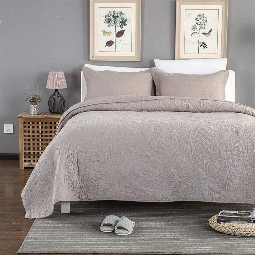 ست روتختی کینگ سایز پنبه‌ای طرح‌دار، لحاف سبک و گرم، رو تختی برجسته، ست روتختی 3 تکه شامل رو تختی و 2 روبالشی، خاکستری - 230X250CM