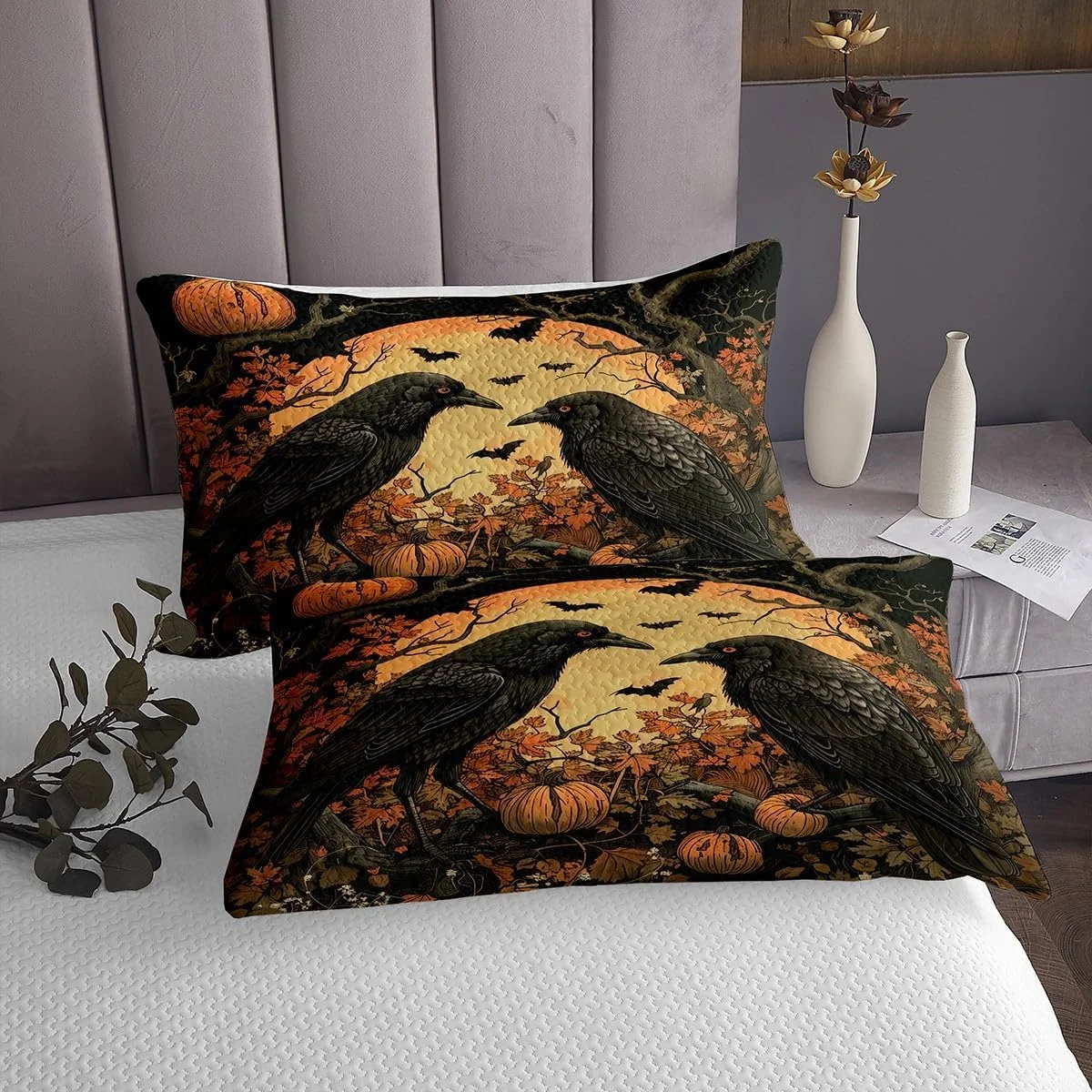 روتختی مشکی طرح کلاغ، سایز کوئین، طرح برگ افرا و کدو تنبل، ست روتختی طرح خانه روستایی، دکور اتاق دخترانه پسرانه زنانه، روتختی لحافی طرح پاییز مبارک، لحاف روتختی قهوه ای طرح قدیمی، 2 روبالشتی
