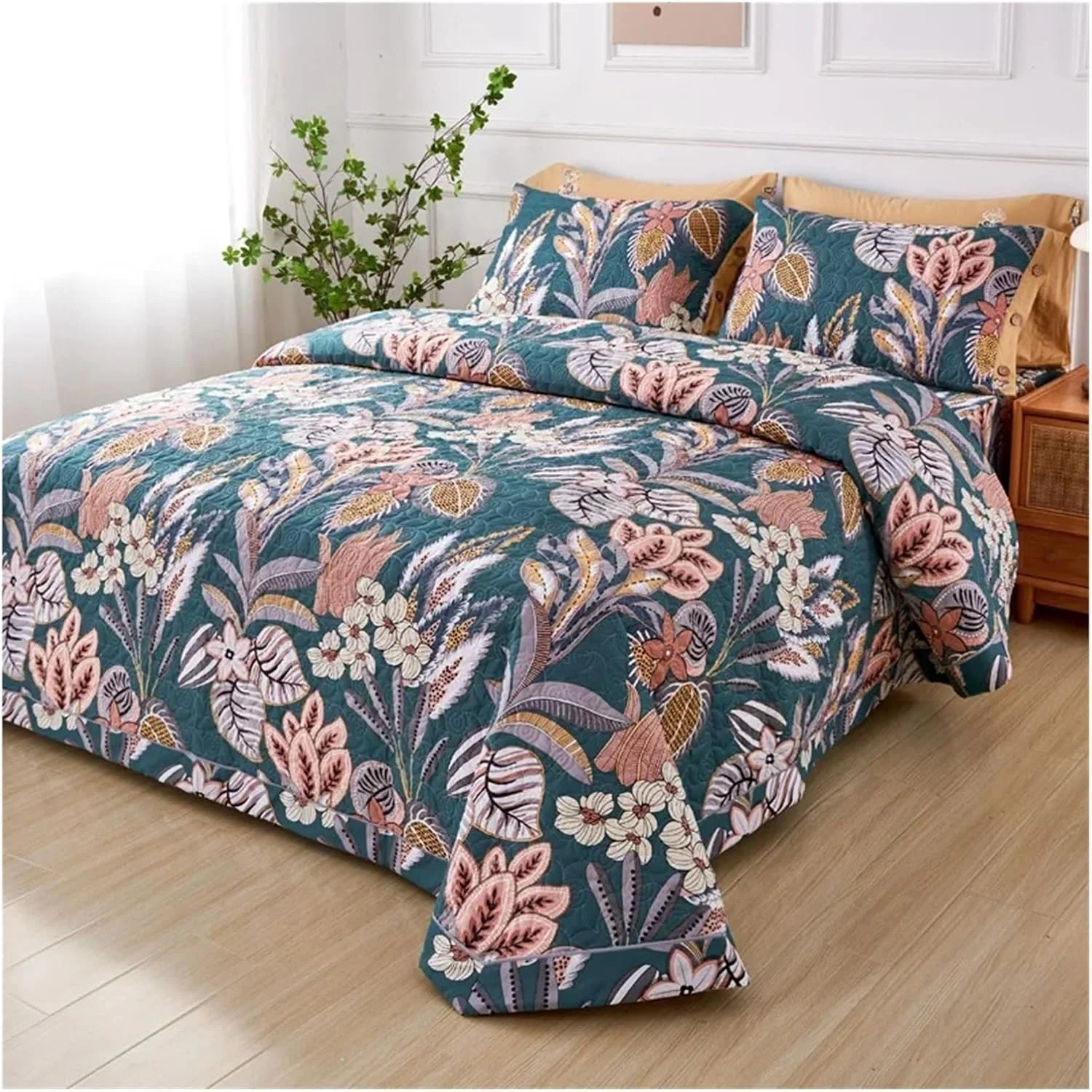 روتختی پنبه‌ای به سبک فرانسوی، روکش لحاف‌دوزی شده برای تخت، روکش تشک، روکش چاپی، روتختی‌های سازگار با ملحفه‌های دو نفره، تخت خواب لوکس در یک کیف (B ۳ تکه ۲۴۵x۲۵۰ سانتی‌متر)