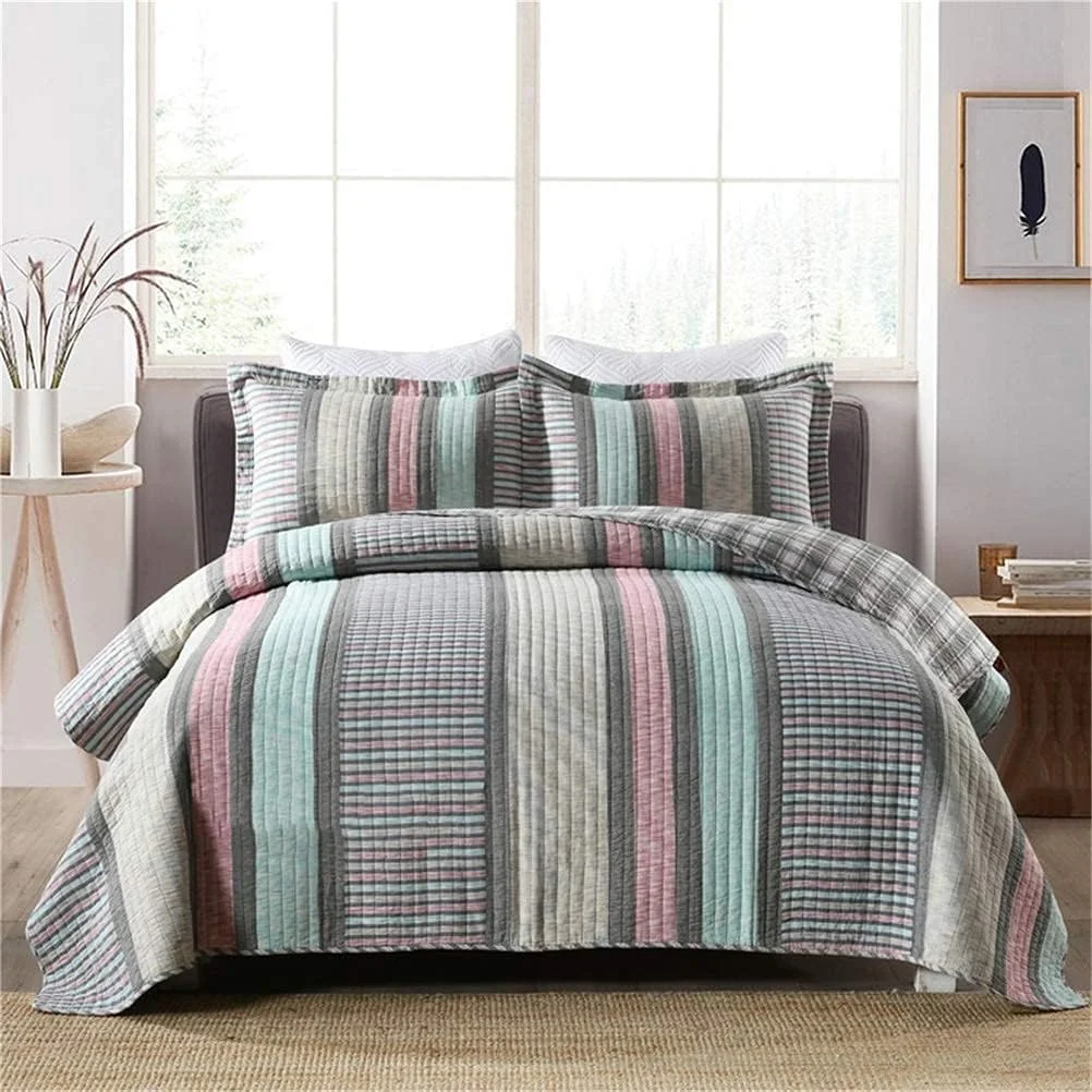 روتختی تکه دوزی اتاق خواب 230X250 سانتی متر طرح راه راه شیک روتختی پنبه ای لحافی برای تخت دو نفره مبل، آبی، خاکستری