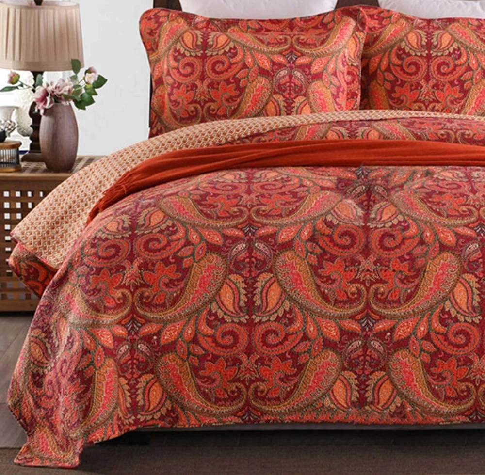 روتختی قرمز سایز کینگ به همراه روبالشتی، ست لحاف تکه دوزی شده، رو تختی پنبه ای، رو انداز تخت، ست 3 تکه تزئینی، RedC-230X250,Redb-king 230X250cm