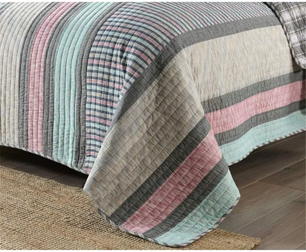 روتختی تکه دوزی اتاق خواب 230X250 سانتی متر طرح راه راه شیک روتختی پنبه ای لحافی برای تخت دو نفره مبل، آبی، خاکستری روتختی تکه دوزی اتاق خواب 230X250 سانتی متر طرح راه راه شیک روتختی پنبه ای لحافی برای تخت دو نفره مبل، آبی، خاکستری