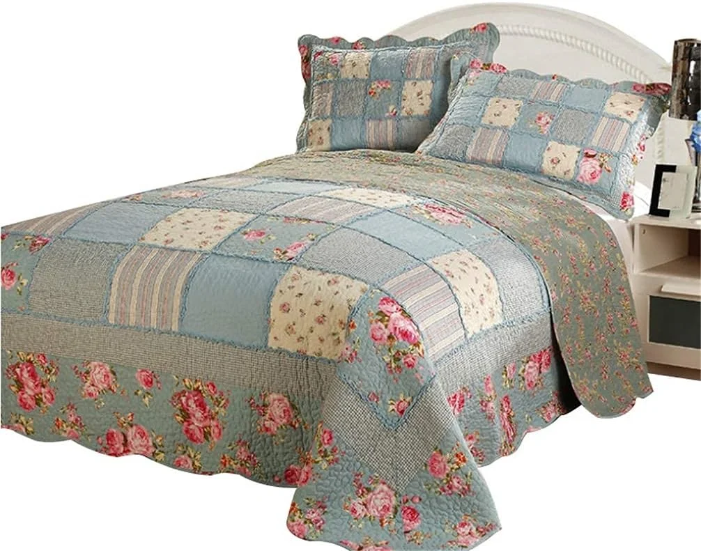 روتختی لحاف تکه دوزی شده، لحاف پشمی، پتو تخت دونفره، آستر دار و تکه دوزی شده 230 X 250 سانتی متر + 2 روبالشی 50 X 70 سانتی متر، صورتی، 4 تکه، آبی-3 تکه