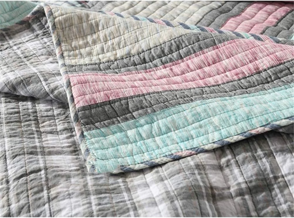 روتختی تکه دوزی اتاق خواب 230X250 سانتی متر طرح راه راه شیک روتختی پنبه ای لحافی برای تخت دو نفره مبل، آبی، خاکستری روتختی تکه دوزی اتاق خواب 230X250 سانتی متر طرح راه راه شیک روتختی پنبه ای لحافی برای تخت دو نفره مبل، آبی، خاکستری