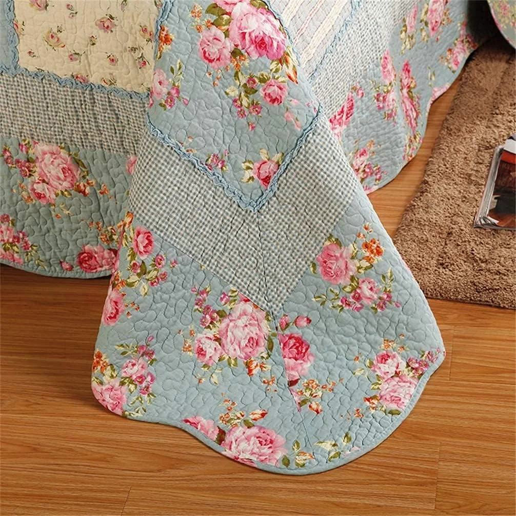 روتختی لحاف تکه دوزی شده، لحاف پشمی، پتو تخت دونفره، آستر دار و تکه دوزی شده 230 X 250 سانتی متر + 2 روبالشی 50 X 70 سانتی متر، صورتی، 4 تکه، آبی-3 تکه