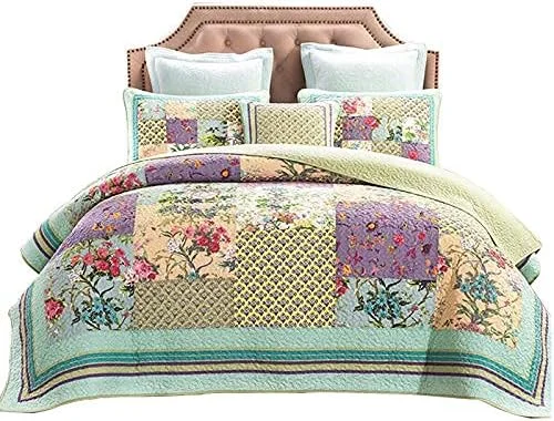 روتختی دو نفره طرح تکه دوزی پنبه ای سبک وزن دو رو، ست روتختی 3 تکه، سبک پاستورال شاداب سبز، 230x250 سانتی متر روتختی دو نفره طرح تکه دوزی پنبه ای سبک وزن دو رو، ست روتختی 3 تکه، سبک پاستورال شاداب سبز، 230x250 سانتی متر