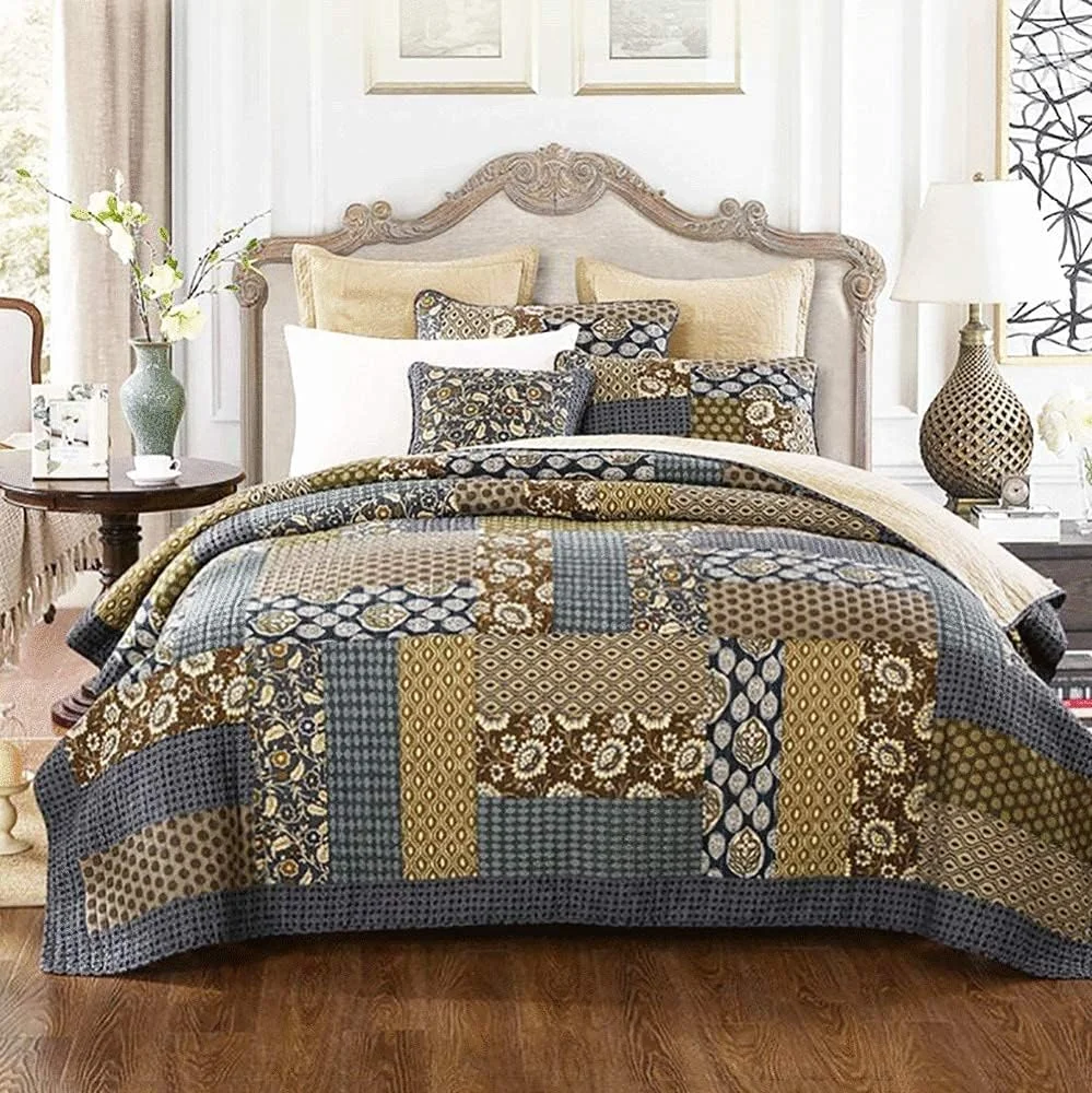 روتختی دو نفره، لحاف تکه دوزی شده دست دوز، رو تختی سه تکه پنبه ای، پتو چند منظوره با روبالشی، -259x269 سانتی متر + 2 عدد 51x91 سانتی متر