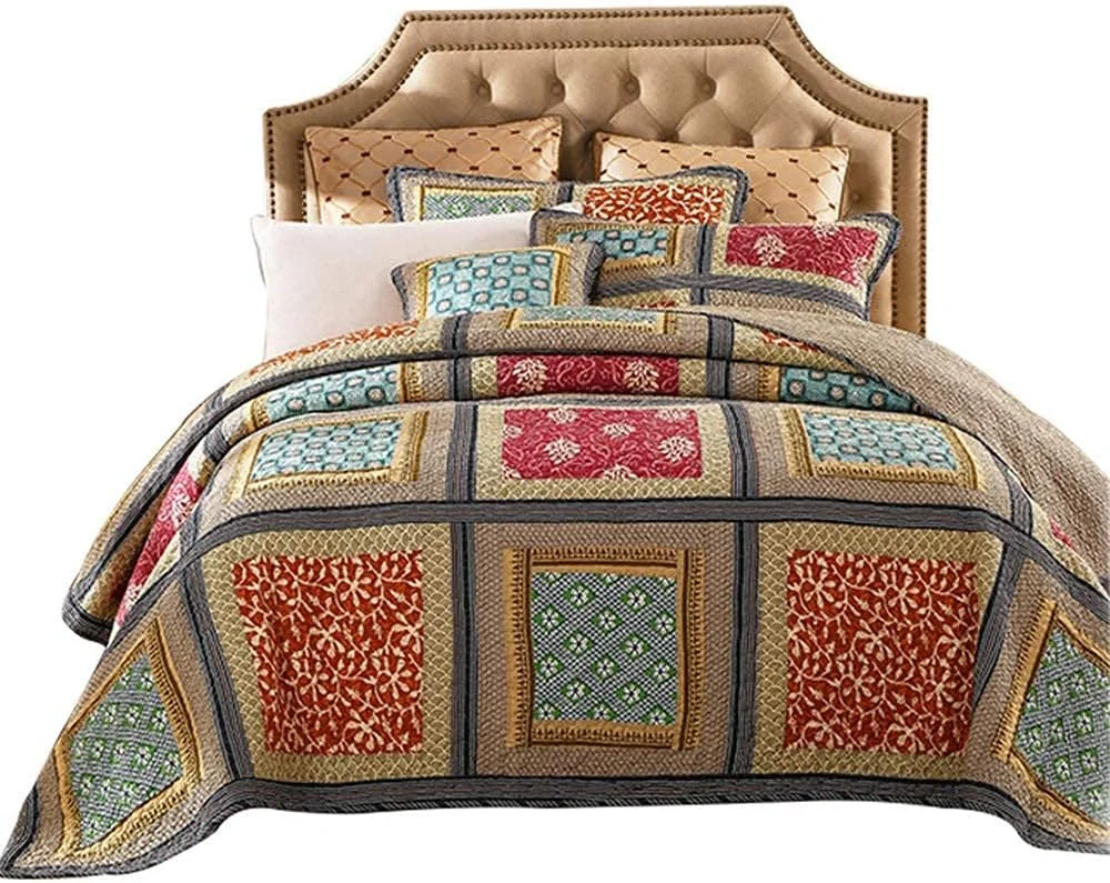 روتختی طرح دار، لحاف تکه دوزی شده، پتوی تختخوابی نخی سبک وزن، ست روتختی گلدوزی شده با طرح گل، رو تختی دو نفره به همراه 2 روبالشتی