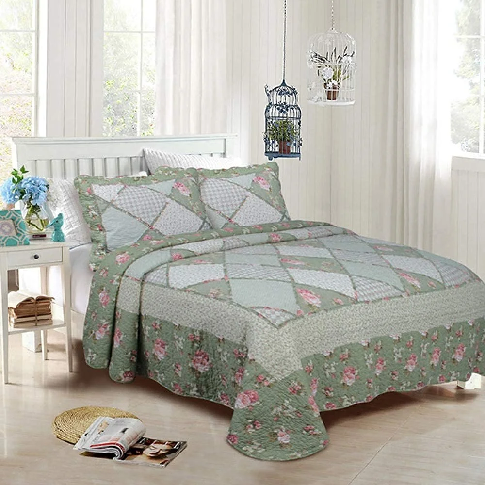 روتختی سه تکه پنبه ای طرح چهل تکه چاپی، رو تختی به سبک هنری، لحاف و روبالشی سایز کینگ، مناسب تخت خواب، -180CM220CM (سایز کینگ 230cm*250cm)
