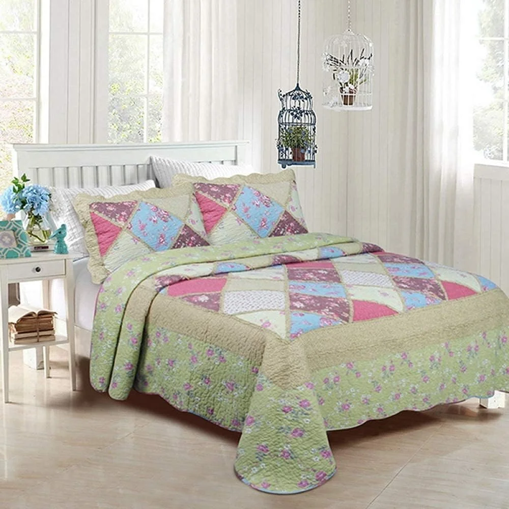 روتختی سه تکه پنبه ای طرح چهل تکه چاپی، رو تختی به سبک هنری، لحاف و روبالشی سایز کینگ، مناسب تخت خواب - 180CM220CM (سایز کینگ 230cm*250cm)