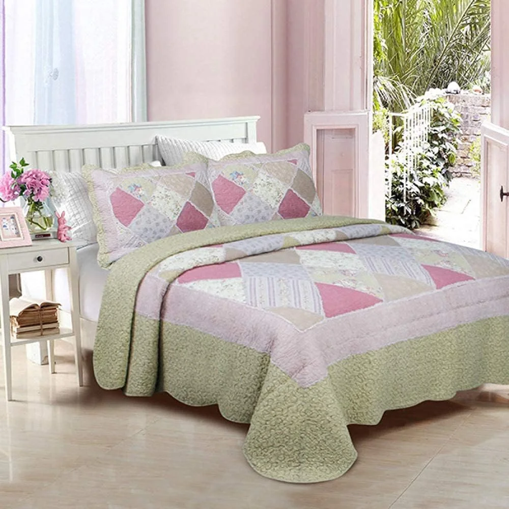 روتختی سه تکه پنبه‌ای طرح چهل‌تکه چاپی، رو تختی به سبک هنری، لحاف و روبالشی سایز کینگ، مناسب تخت خواب - 180CM220CM (سایز کینگ 230cm*250cm)