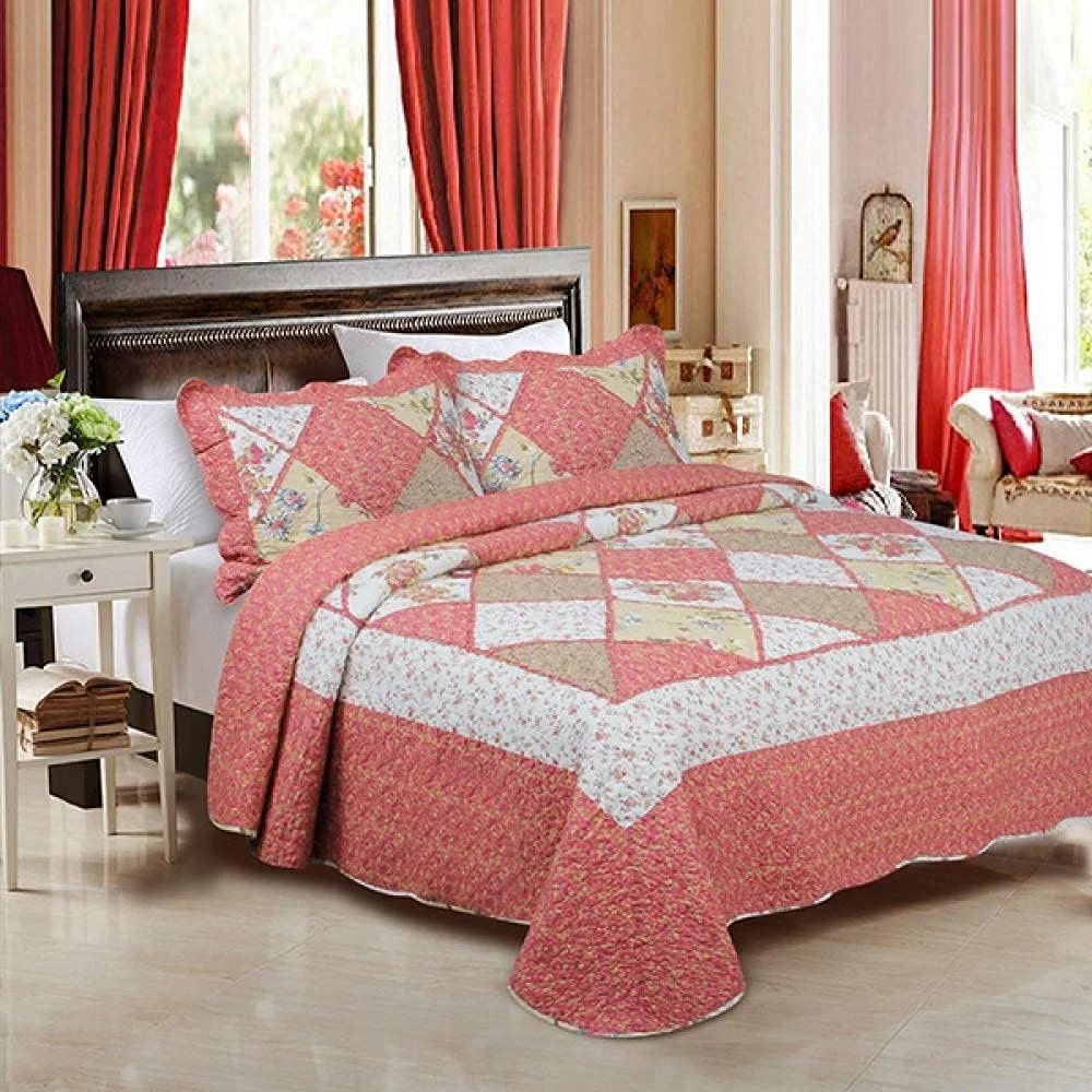 روتختی سه تکه پنبه ای طرح چهل تکه چاپی، رو تختی به سبک هنری، لحاف و روبالشتی سایز کینگ، -180CM220CM (سایز کینگ 230cm*250cm)