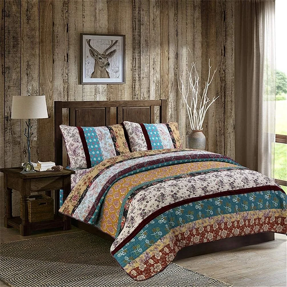 روتختی نخی 230 در 250 سانتی متر، روتختی تکه دوزی، روتختی لحافی، ست ملحفه 3 تکه، راه راه آبی سفید، سبک نوردیک