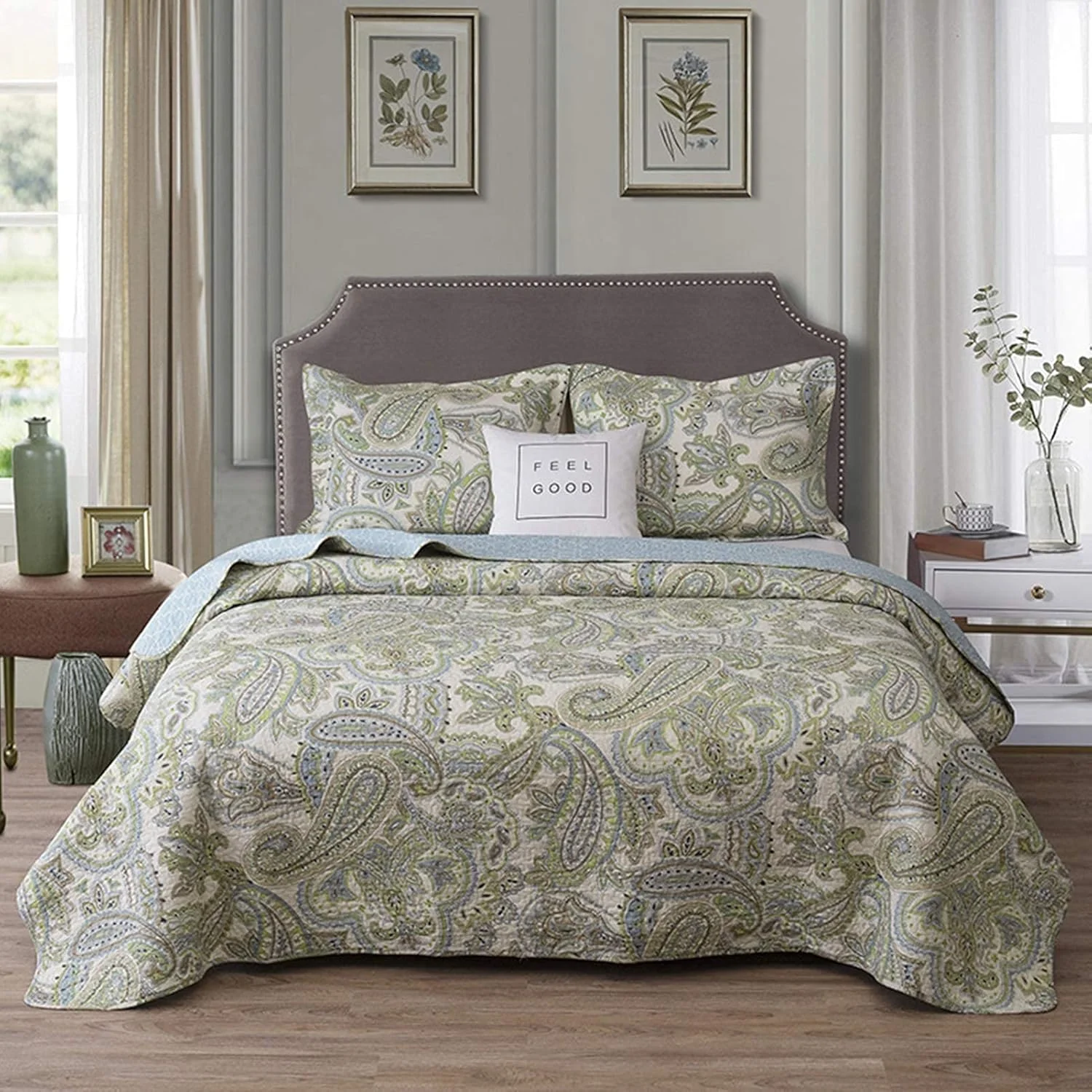 روتختی چهار فصل پنبهای تکهدوزی شده سبز، لحاف چاپی دو رو، لحاف روتختی راحت و آسان به همراه دو روبالشتی روتختی چهار فصل پنبهای تکهدوزی شده سبز، لحاف چاپی دو رو، لحاف روتختی راحت و آسان به همراه دو روبالشتی