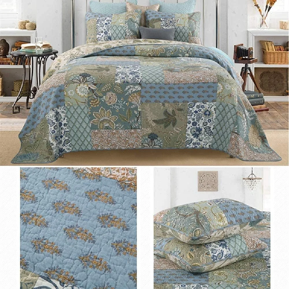 روتختی طرح تکه دوزی شده دو نفره دو رو، طرح گلدار شیک و زیبا، لحاف سبک و نرم از جنس میکروفایبر - سایز کوئین 230×240 سانتی متر