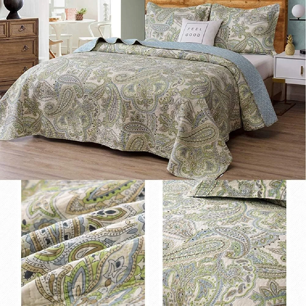 روتختی چهار فصل پنبه‌ای تکه‌دوزی شده سبز، لحاف چاپی دو رو، لحاف روتختی راحت و آسان به همراه دو روبالشتی